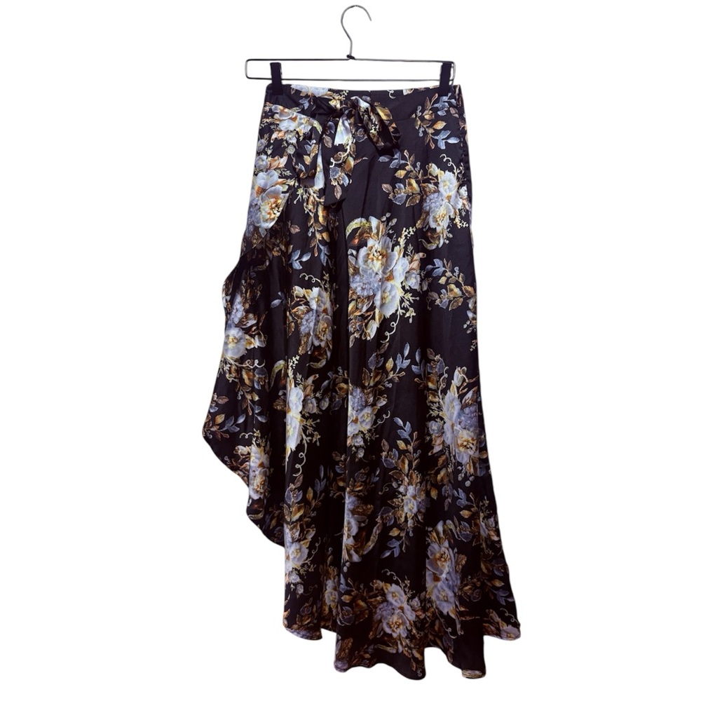 Jealous Tomato Black Floral High-Low Wrap Maxi Skirt with Gold Accents
